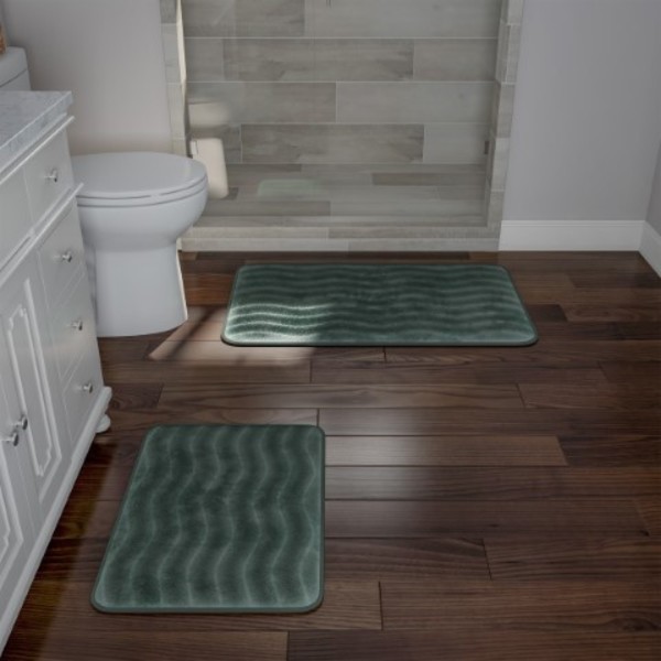 Hastings Home 2-piece Bathroom Rug Set, Memory Foam Mats, Wavy Microfiber Non-Slip Absorbent Runner, Green 234432THD